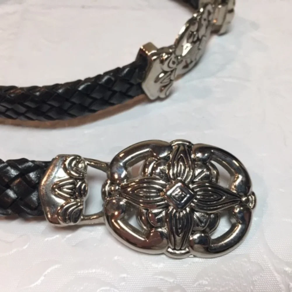 Braided Leather Navy w/ Floral Silver Toned Ornaments Belt Small